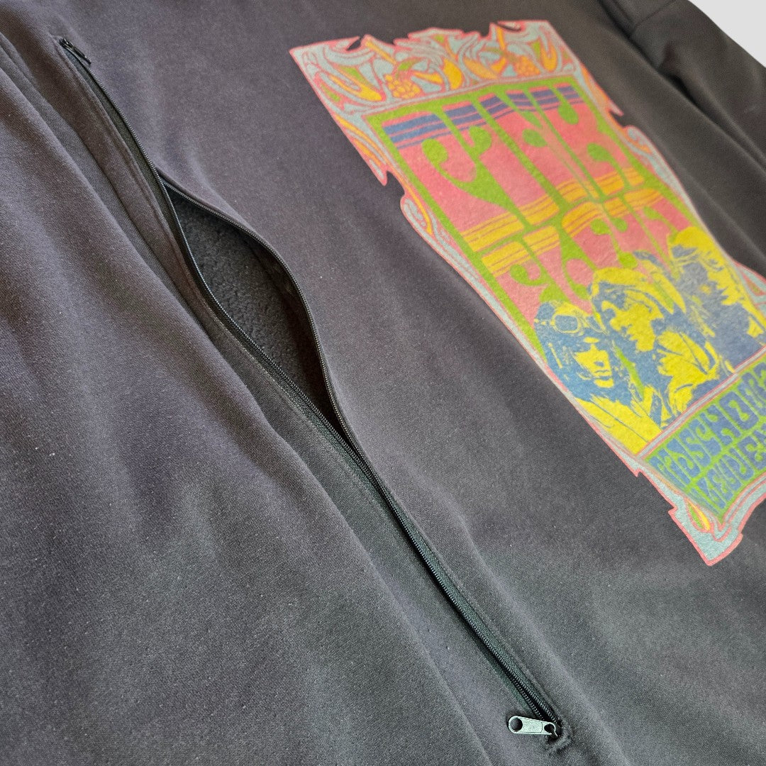A close-up of the Primark Upcycled Breastfeeding & Pumping Grey Pink Floyd Band Sweatshirt XL (UK18/20), featuring a colorful graphic and handy front zipper—an ideal eco-friendly nursing clothing option.