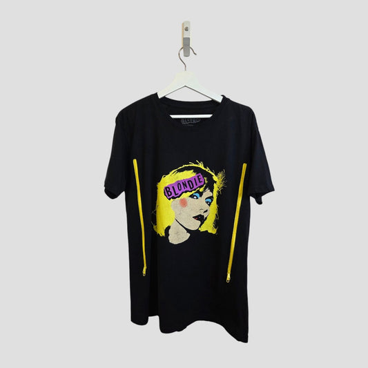 The Blondie Upcycled Breastfeeding & Pumping Black Blondie Band t-shirt (L) features a graphic woman with yellow hair, blue eyes, purple "BLONDIE" text, and yellow zippers—an affordable, stylish option for nursing moms.