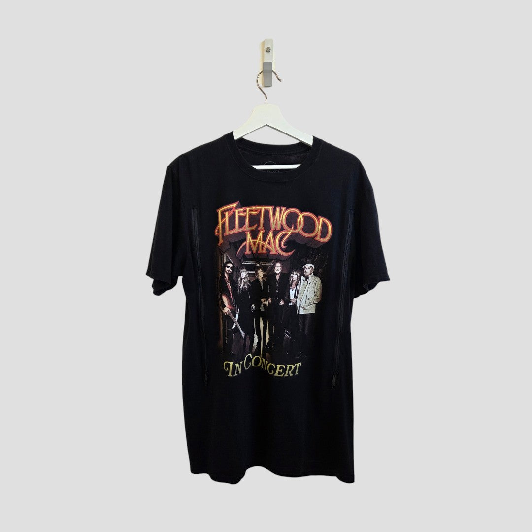 The Fleetwood Mac Upcycled Breastfeeding & Pumping “In Concert” Band T-shirt (L) in black features vintage band graphics—perfect for standout style and nursing moms.