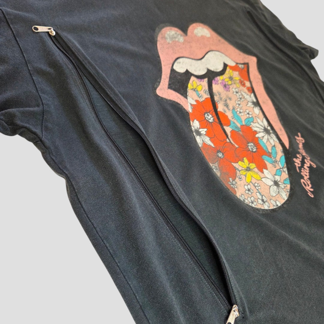 The Upcycled Breastfeeding & Pumping Grey The Rolling Stones Floral Tongue Band t-shirt (L) by Next is eco-friendly nursing wear with two vertical zippers for discreet breastfeeding. Features a floral band logo on grey.