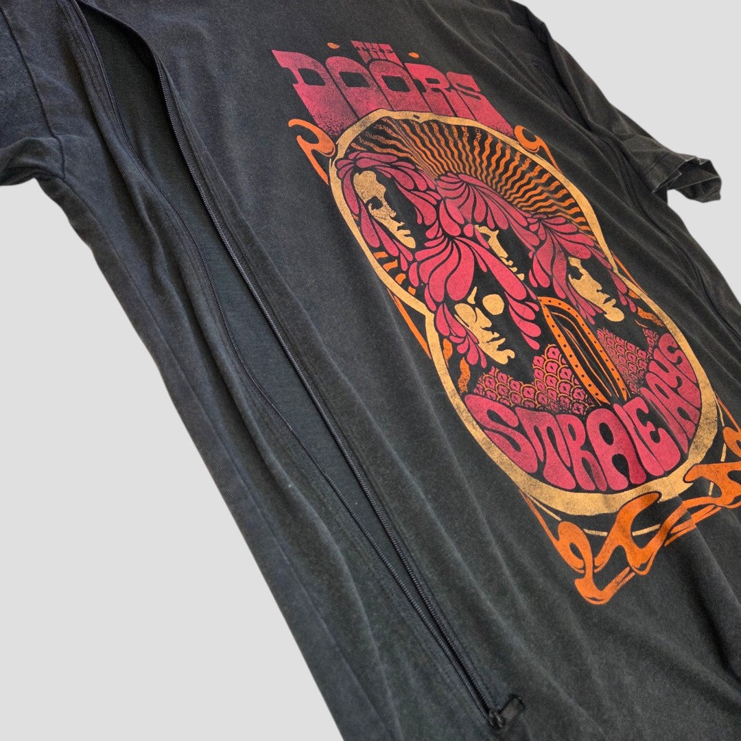 Upcycled Primark breastfeeding & pumping t-shirt in grey/pink (M UK12/14), featuring The Doors band graphic. Eco-friendly and affordable, laid flat on a light background.