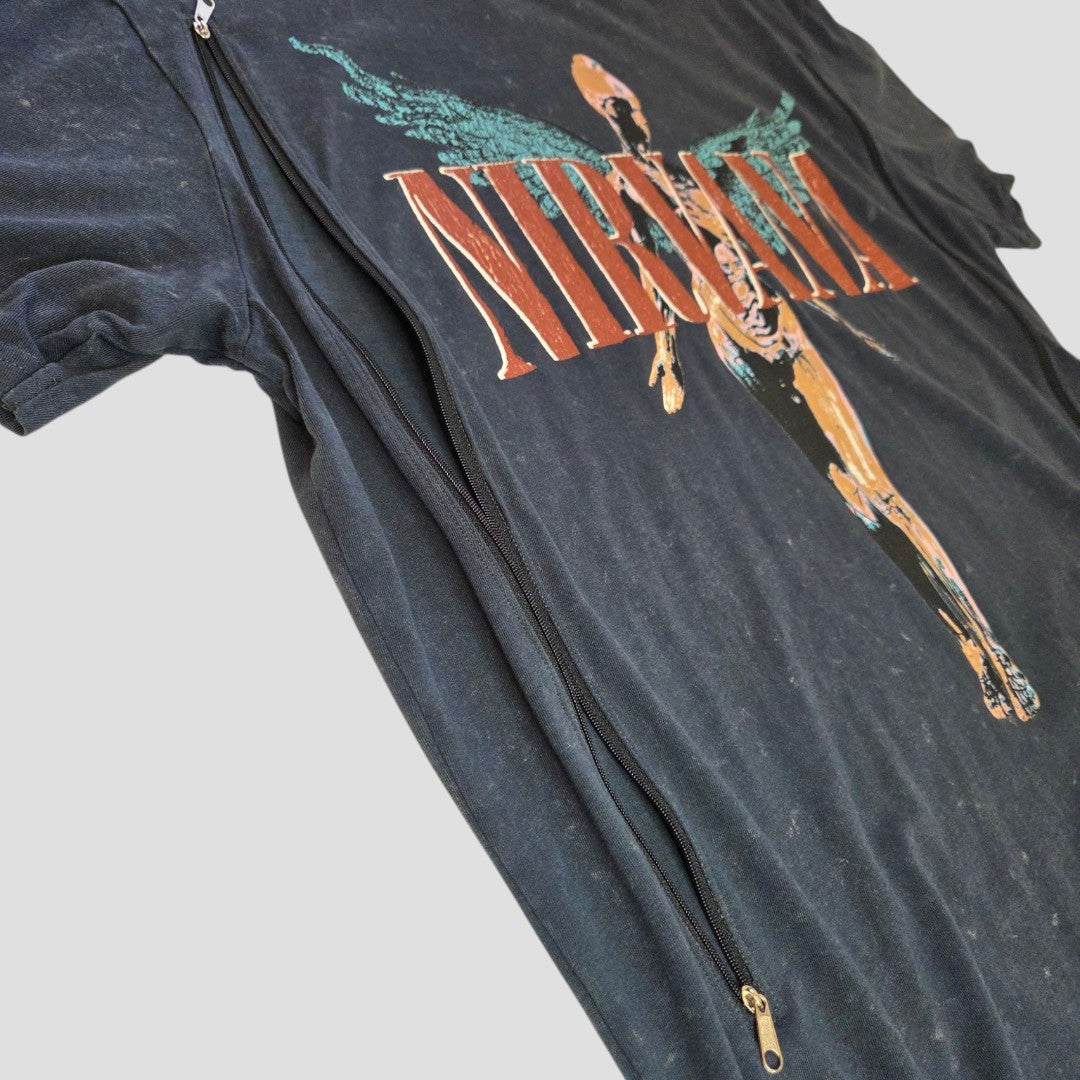 A grey/turquoise upcycled Nirvana band t-shirt (Primark, M UK12/14) with angel graphic and a vertical zipper for practical and stylish nursing/pumping; background is plain light gray.