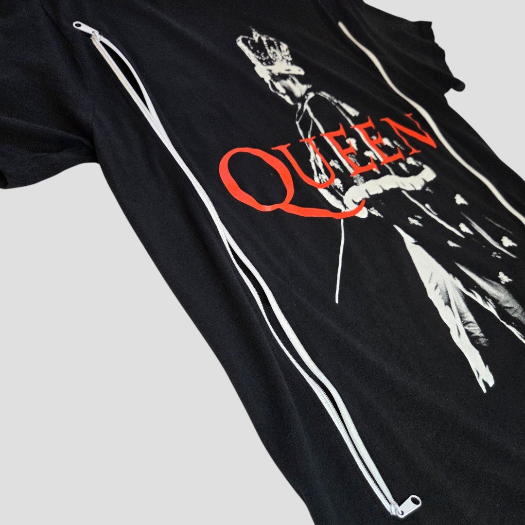 The Upcycled Breastfeeding & Pumping Black Queen Band T-shirt L by Queen features a crowned figure and bold QUEEN text with diagonal side zippers for easy nursing—combining style and function for breastfeeding moms.