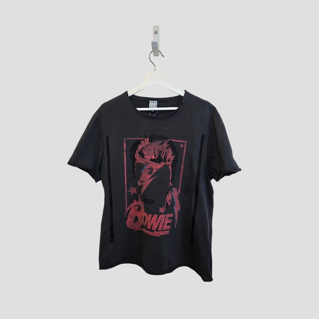 The Amplified Upcycled Breastfeeding & Pumping Grey/Burgundy Bowie Band t-shirt (XL) features a pink David Bowie graphic and BOWIE text, made from eco-friendly materials, displayed on a white hanger with a plain light gray background.