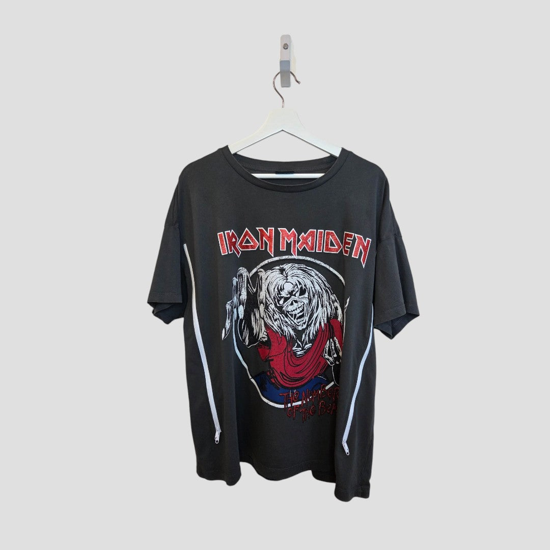 Upcycled Grey/Red Glitter Iron Maiden Band t-shirt (UK20) by George, designed for breastfeeding & pumping. Features band’s name and Eddie graphic—perfect for conscious fans. Product code: 100412.