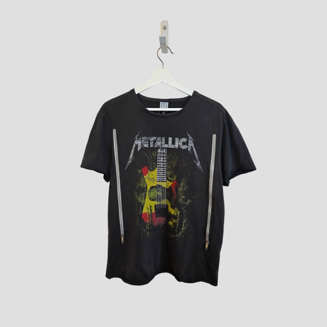 The Amplified Upcycled Breastfeeding & Pumping Metallica Guitar Band t-shirt (M, 100381) features a black design with an electric guitar graphic, yellow and red accents, and side zippers—eco-friendly nursing wear—displayed on a wooden hanger against gray.