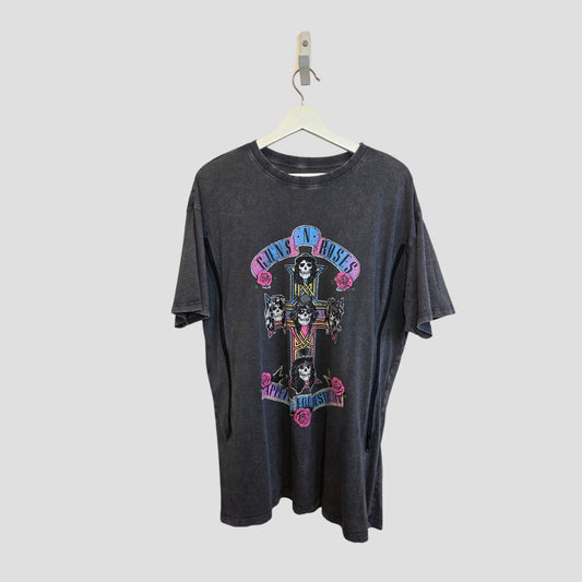 A grey Upcycled Breastfeeding & Pumping Guns N Roses Pink/Blue Cross Band T-shirt (UK14) by New Look, designed for stylish, music-loving moms seeking eco-friendly nursing wear.