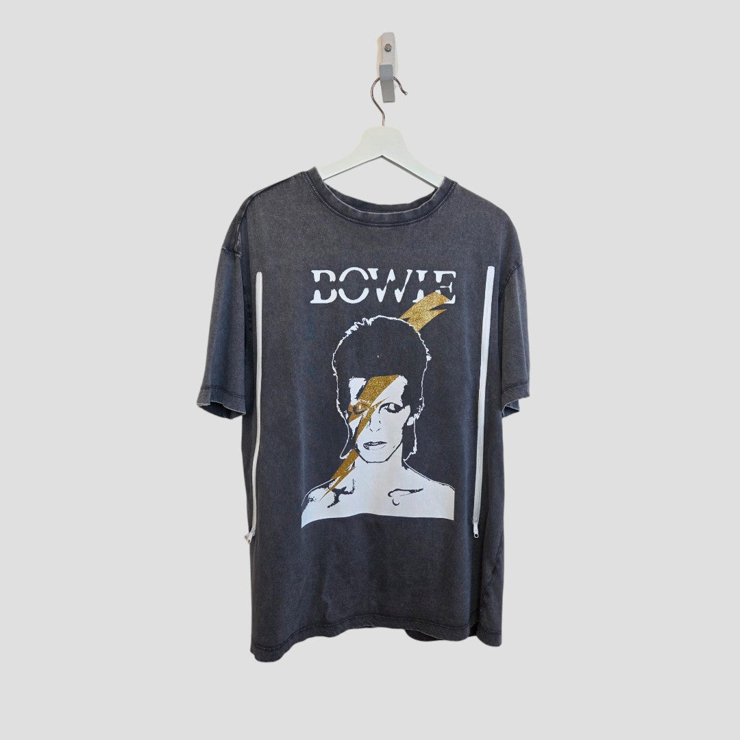 A grey and gold Bowie Band T-shirt by New Look, UK12, upcycled for breastfeeding and pumping. Features bold "BOWIE" lettering, iconic graphics, and combines affordability with practical nursing style.