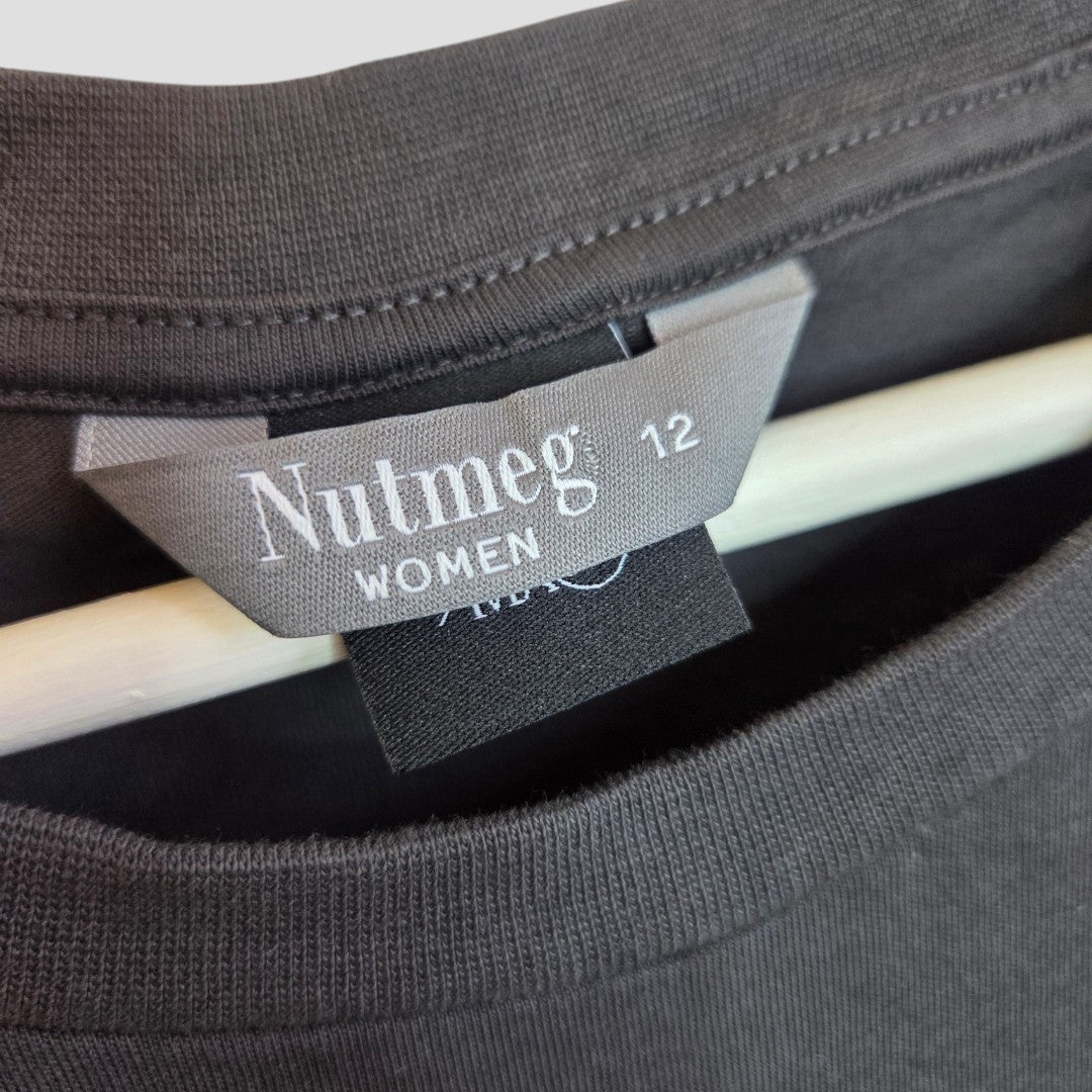 Close-up of a black Nutmeg label with white text (size UK12) on an upcycled grey/silver Fleetwood Mac band breastfeeding & pumping t-shirt—ideal for affordable, practical nursing wear.