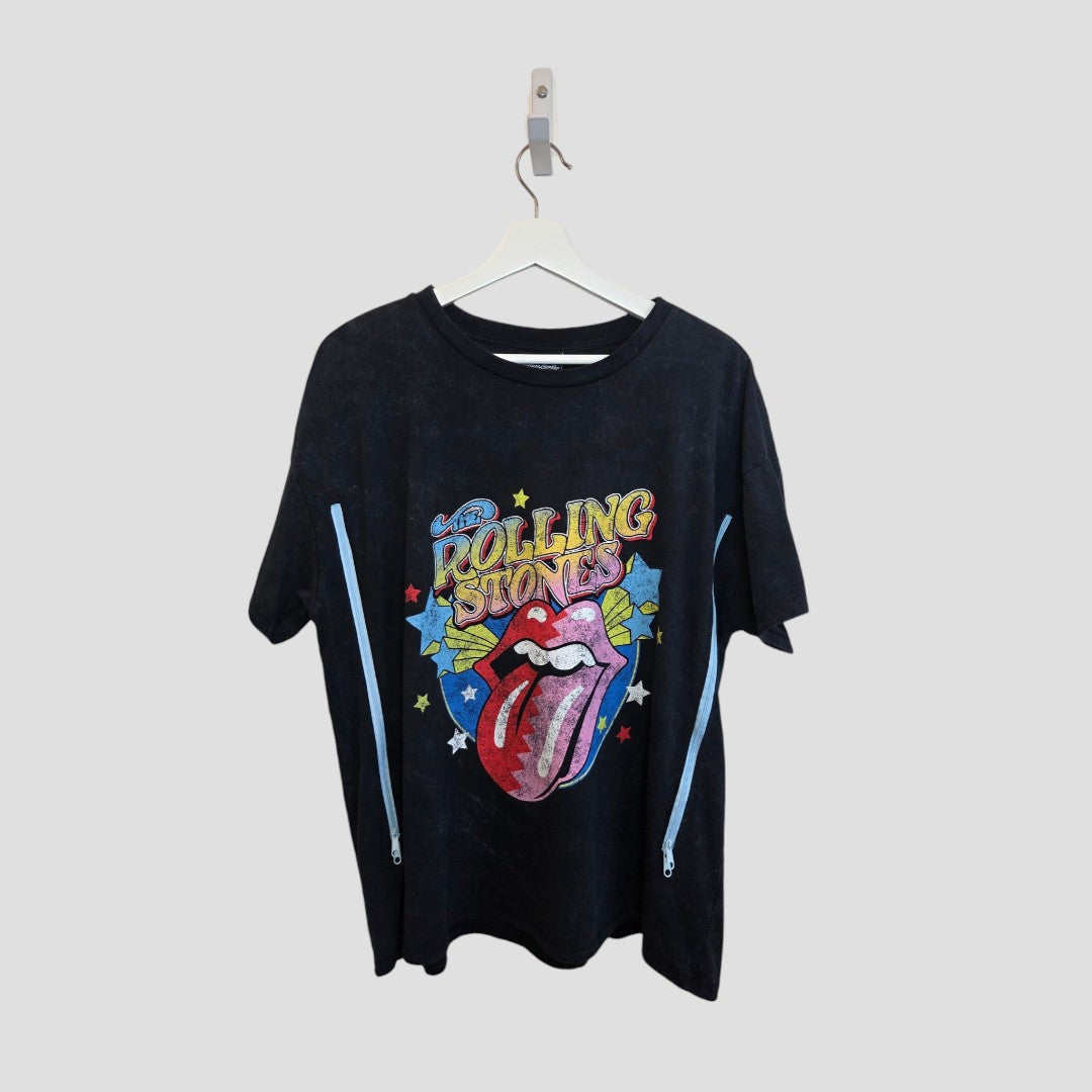 The George Upcycled Breastfeeding & Pumping Rolling Stones Band T-shirt UK18 (100397) features a colorful stars logo with the tongue and lips graphic, plus yellow and red band text. Eco-affordable nursing wear shown on a white hanger.