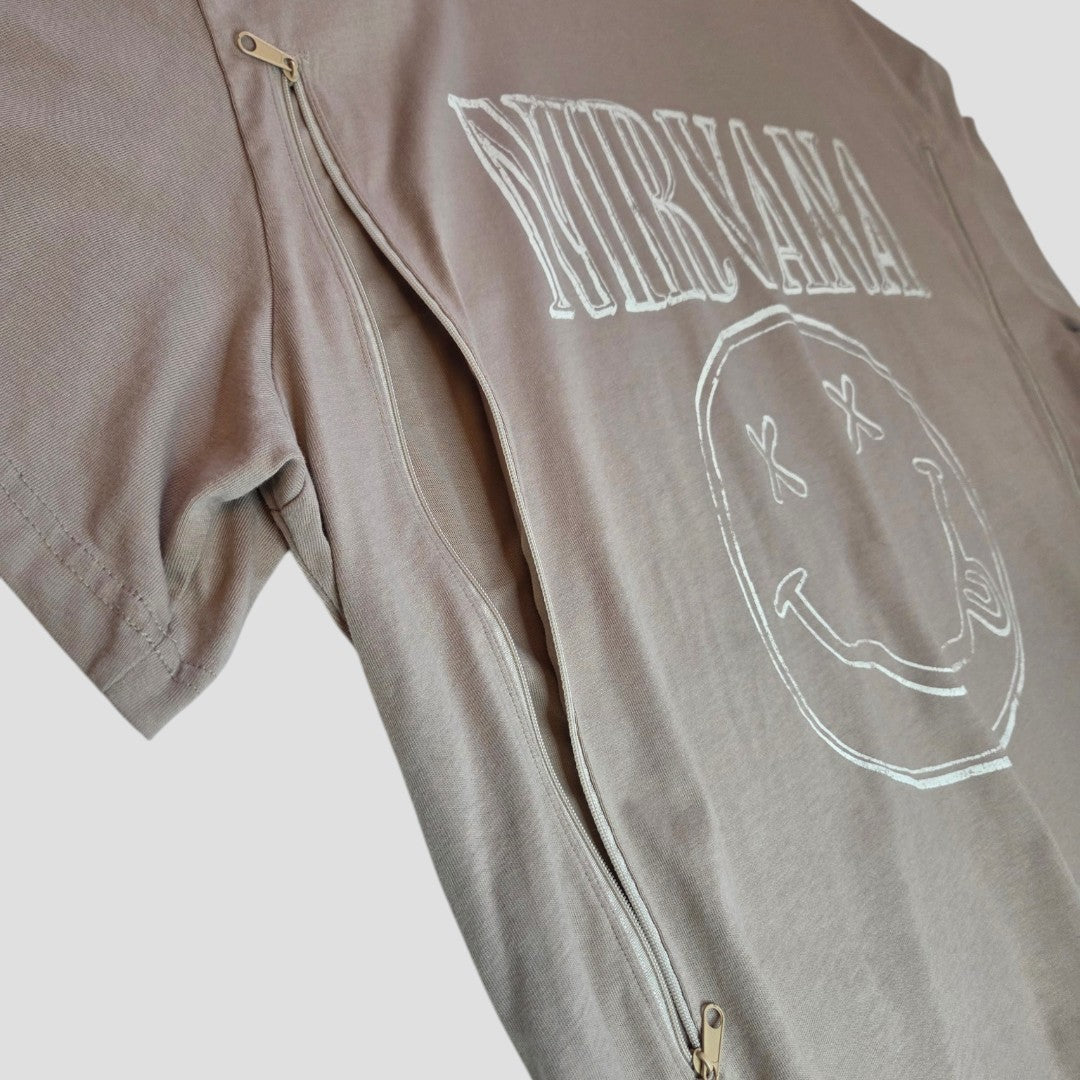 The H&M Upcycled Breastfeeding & Pumping Beige Nirvana Smile Band t-shirt (XXL) has a white logo, smiley graphic, and diagonal zippers for easy nursing—perfect stylish wear for new moms.