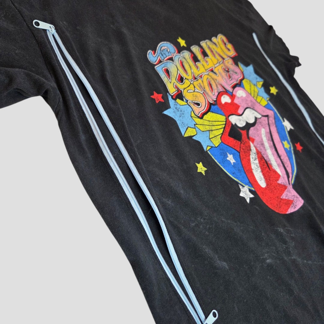 George Upcycled Breastfeeding & Pumping Rolling Stones Band t-shirt UK18 features a colorful stars logo and side zips for nursing. Perfect for stylish breastfeeding, shown on a plain gray background.