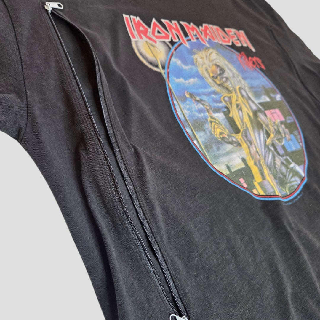 Close-up of a Primark upcycled black Iron Maiden Killers band nursing & pumping T-shirt (L), featuring an open side zipper for breastfeeding. Shirt is laid flat on a light background.
