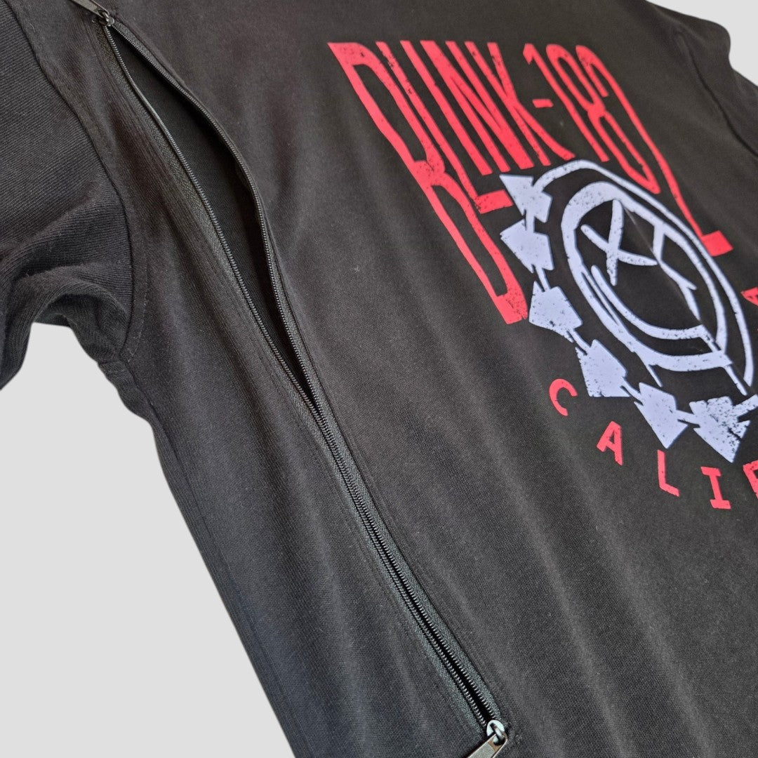 A close-up of a black boohoo Upcycled Breastfeeding & Pumping Blink-182 oversized band t-shirt (UK12) with a red and white band logo, set against a light gray background—an eco-friendly choice for casual comfort.