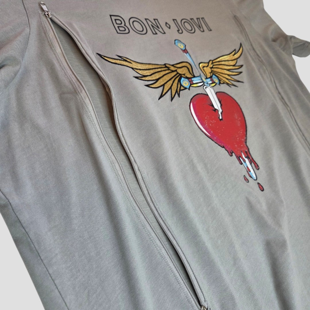 Primark's Upcycled Breastfeeding & Pumping Grey Bon Jovi Band t-shirt (L, 100491) features a winged, bleeding heart graphic and two vertical zippers—an affordable, stylish nursing clothing option.
