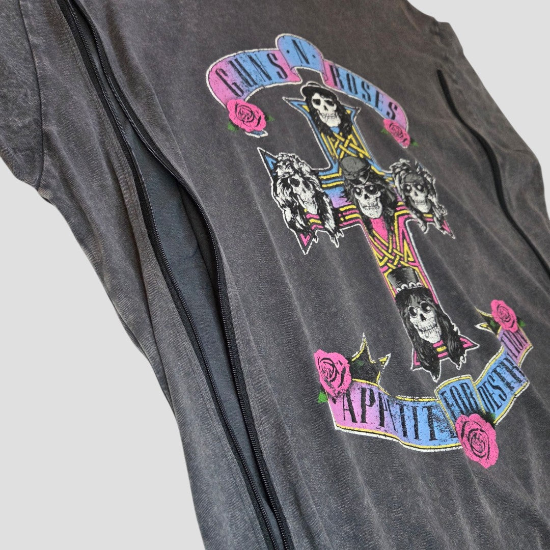 The New Look Upcycled Breastfeeding & Pumping Grey Guns N Roses Pink/Blue Cross Band T-shirt UK14 (100416) features side zips for nursing and is shown partially unzipped on a light gray background.