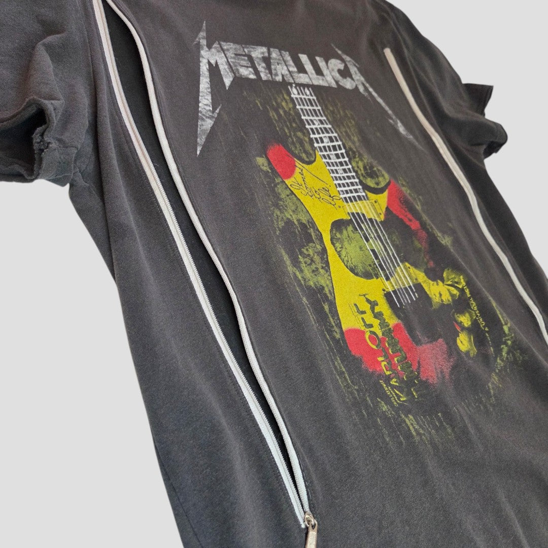 Amplified's Upcycled Breastfeeding & Pumping Metallica Guitar Band T-shirt M (100381) features the band's logo and guitar graphic in red, yellow, and black, with white side zippers—perfect stylish nursing wear for breastfeeding moms.