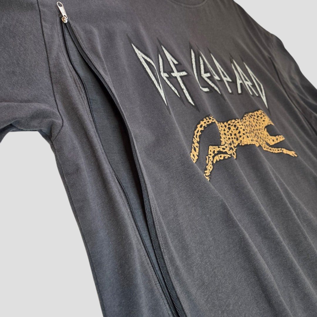An upcycled grey Def Leppard band t-shirt by H&M in size L, designed for breastfeeding and pumping, with a discreet black zipper along the side seam for easy nursing access.