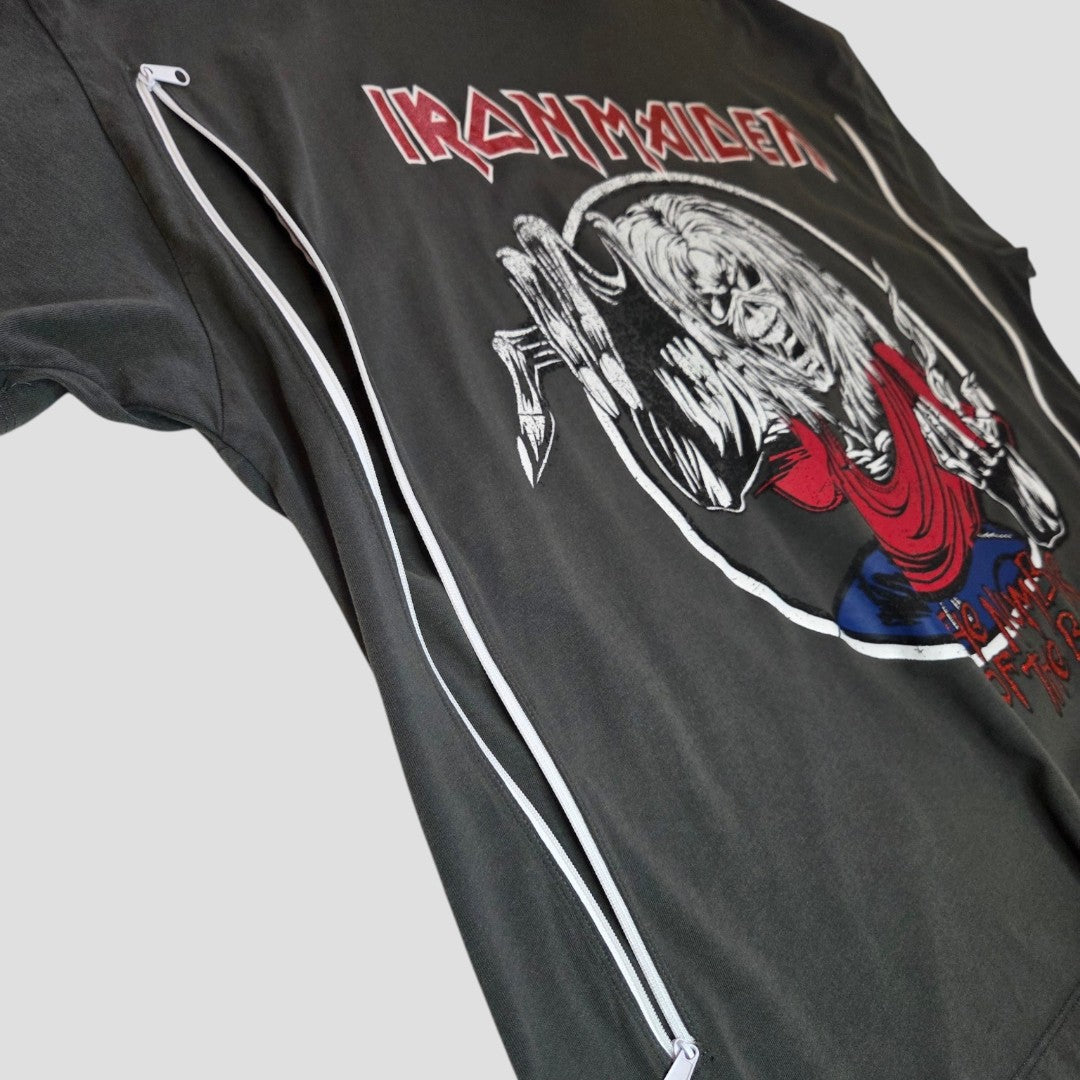 A close-up of a George upcycled breastfeeding and pumping UK20 T-shirt, made from a grey/red glitter Iron Maiden band tee—features discreet access and is perfect for music-loving moms.