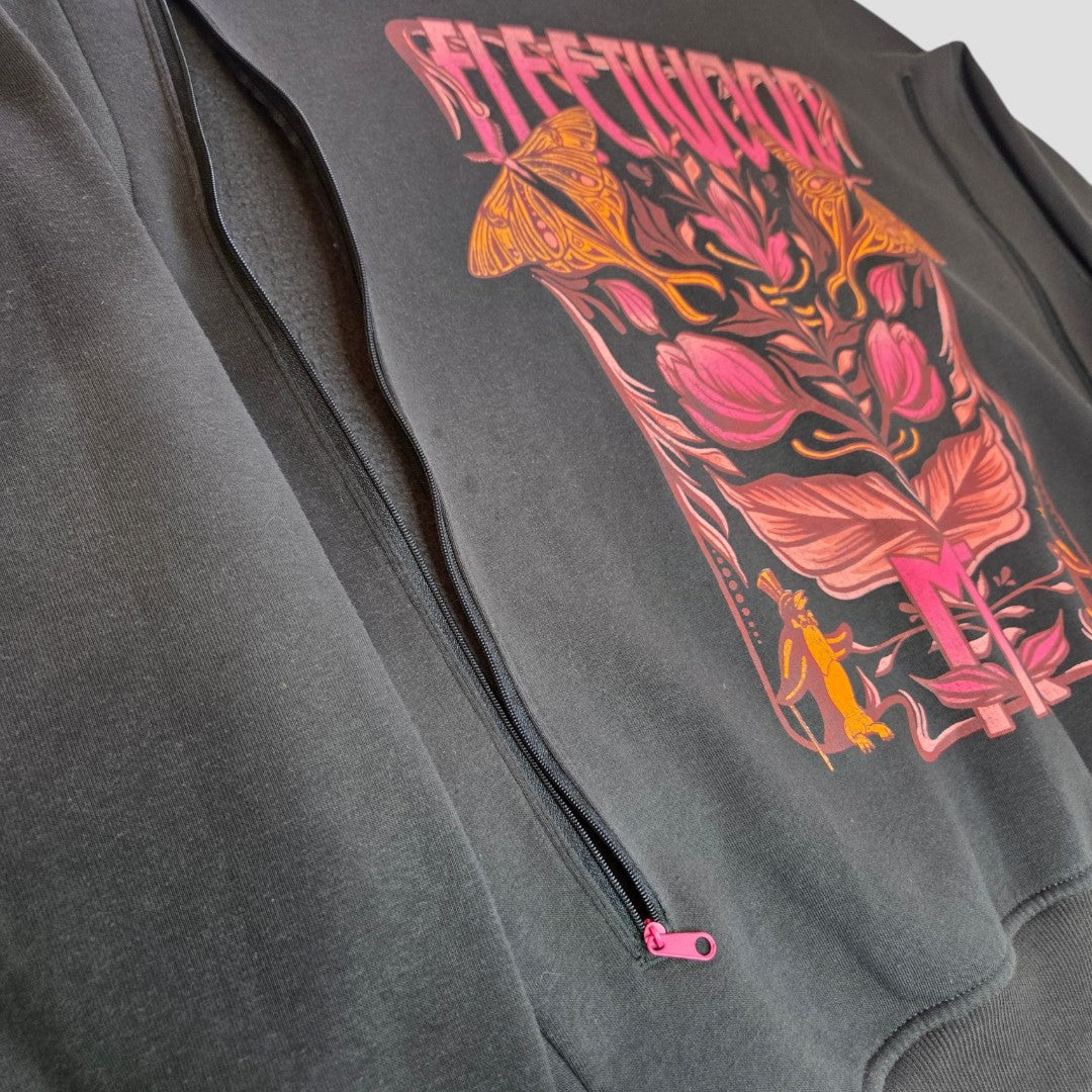 Primark Upcycled Breastfeeding & Pumping Floral Fleetwood Mac Band Sweatshirt (S, UK10/12) features pink, orange, and yellow floral and butterfly graphics plus a visible zipper with pink pull tab for easy nursing access.