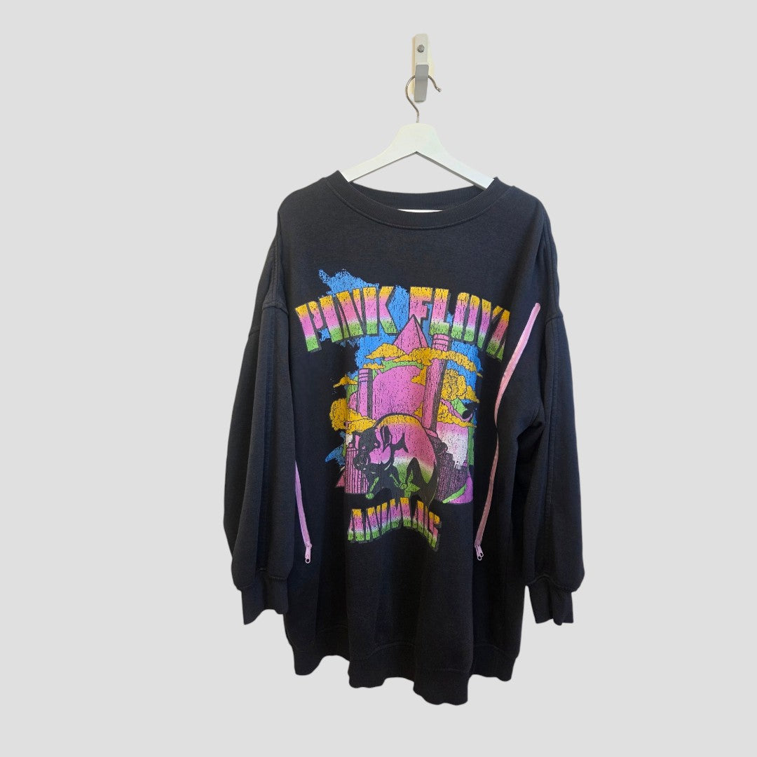 An upcycled H&M grey Pink Floyd band sweatshirt, size L (100440), designed for breastfeeding and pumping—an affordable, stylish nursing clothing option displayed on a plain light background.