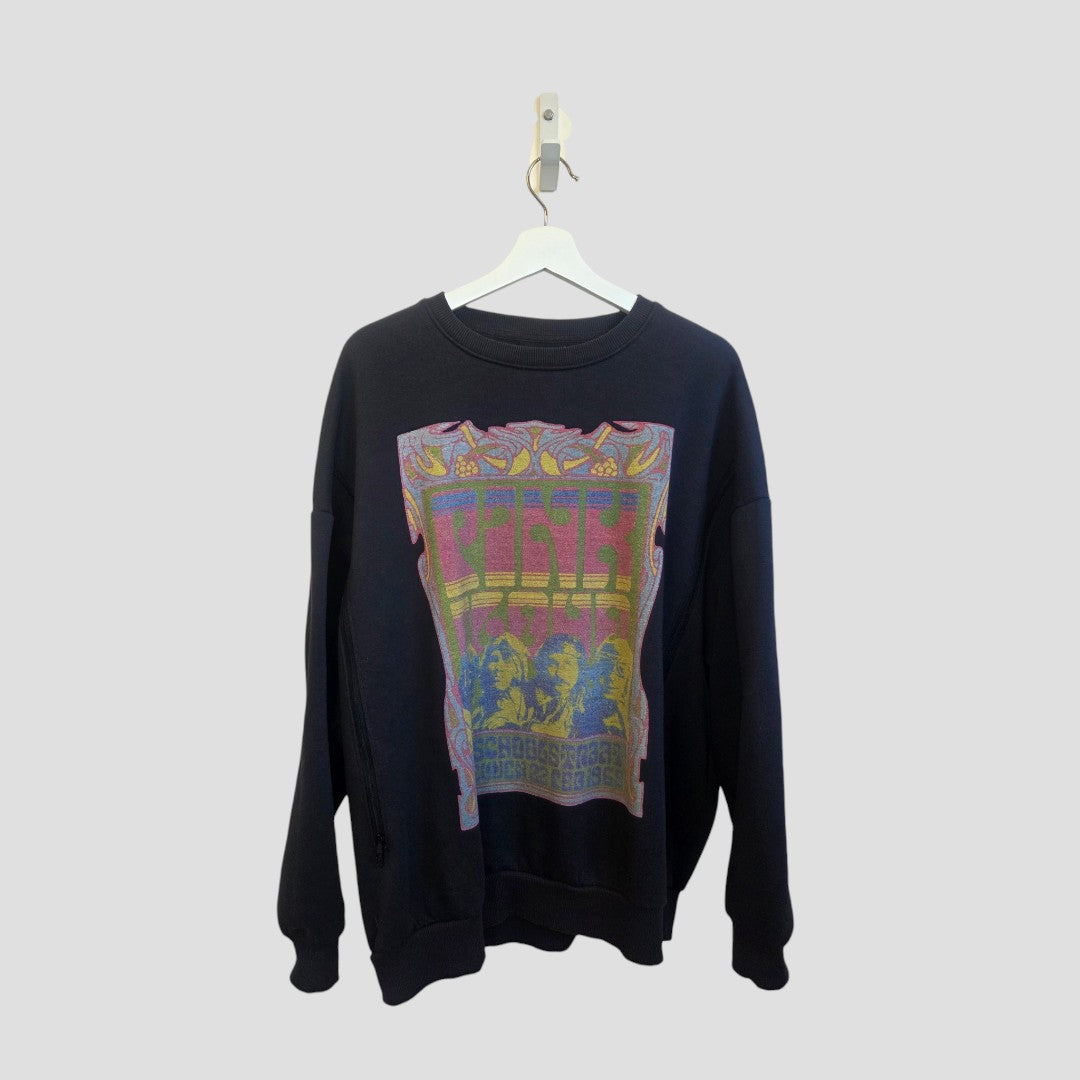 A black upcycled Primark Pink Floyd band sweatshirt (size M UK12/14), designed for breastfeeding and pumping, with psychedelic graphic art—an eco alternative shown on a white hanger against a plain gray background.