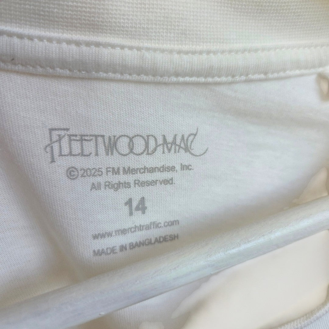 Close-up of a white Tu shirt tag reading Upcycled Breastfeeding & Pumping Fleetwood Mac Band t-shirt UK14 (100430), ©2025 FM Merchandise, Inc., website, Made in Bangladesh—crafted from eco-friendly materials.