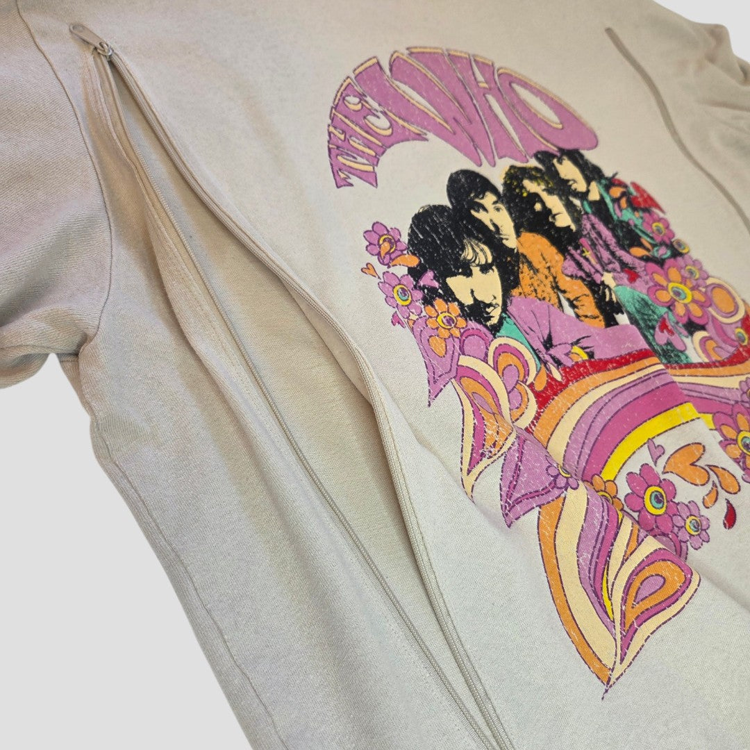 The H&M Upcycled Breastfeeding & Pumping Cream/Pink The Who Band t-shirt (L) features vibrant, retro-style graphics of the band, swirling patterns, and a diagonal zipper for nursing access.