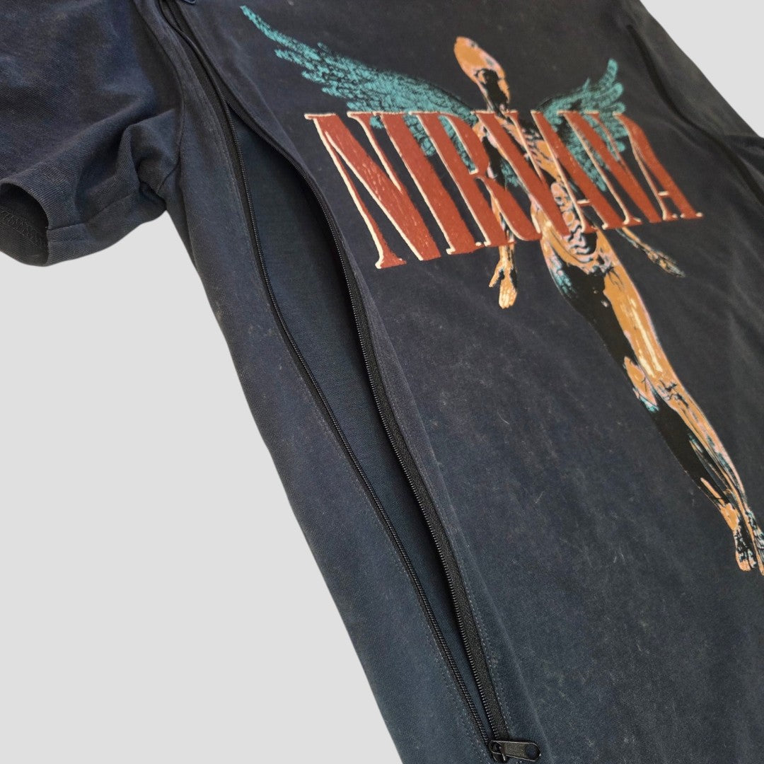 A turquoise Nirvana Angel Band t-shirt by Primark, size M (UK12/14), upcycled for breastfeeding and pumping with a discreet side zip, is displayed on a plain, light background.