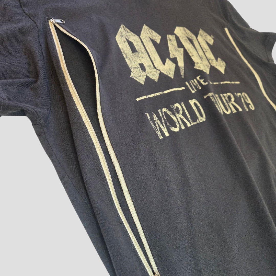 Upcycled H&M Breastfeeding & Pumping AC/DC World Tour Band t-shirt XL (100432) with two vertical zippers for easy nursing access, shown on a light gray background. Stylish and affordable nursing wear.