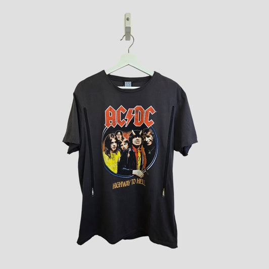 An upcycled grey Amplified AC/DC Highway Band T-shirt (XL, 100485) for breastfeeding and pumping is displayed on a hanger against a plain light background—an eco-friendly, affordable choice.