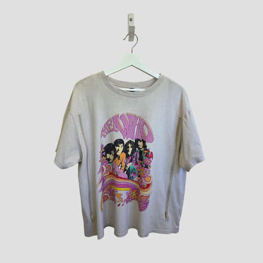 A beige/pink upcycled H&M The Who Band t-shirt (L) for breastfeeding & pumping, featuring a bold, colorful graphic of the band members and their name in stylized text.