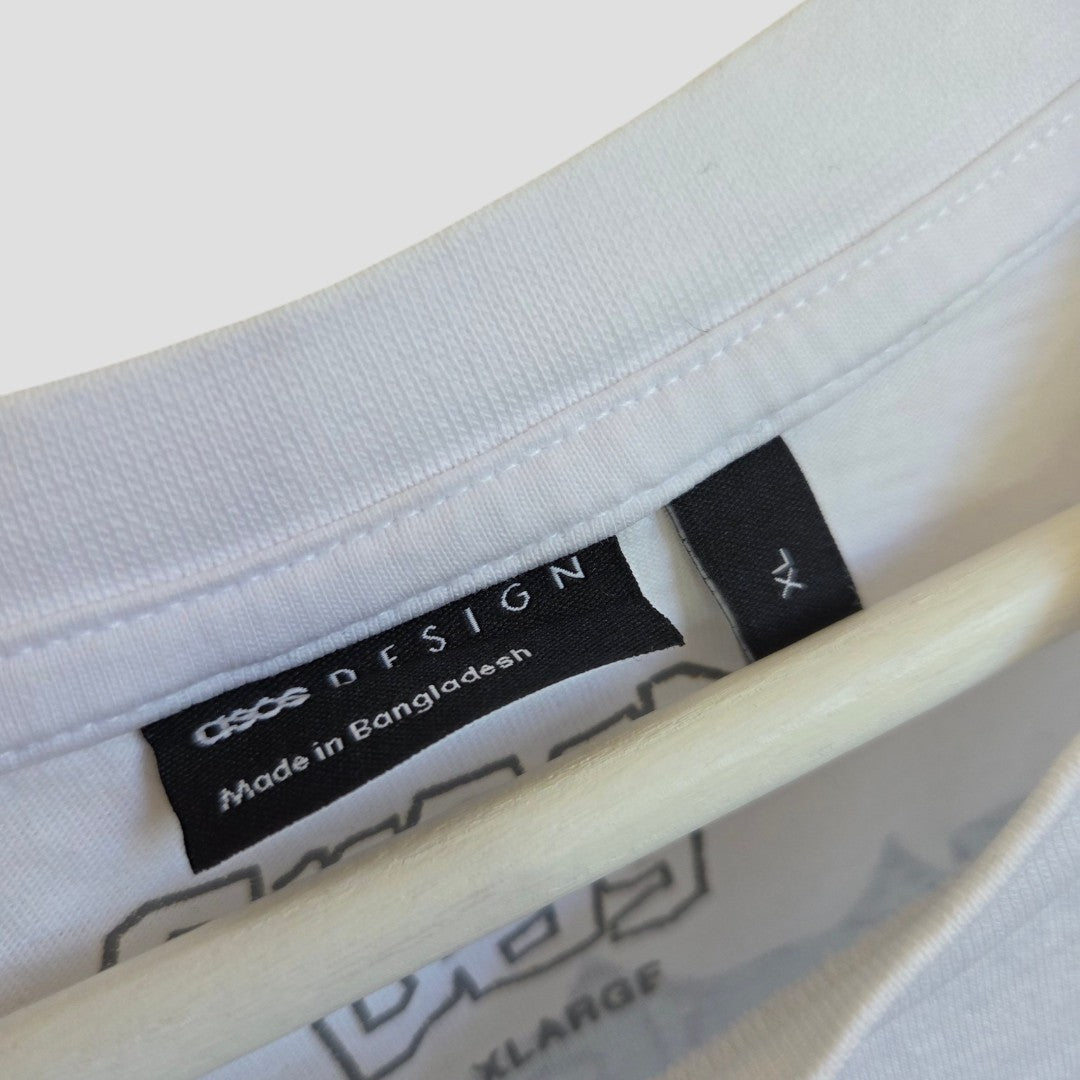 Close-up of an upcycled ASOS Breastfeeding & Pumping Green Day Band T-shirt (size XL), white with ASOS DESIGN label and small black tag—an eco-friendly, affordable basic for nursing, product code 100493.