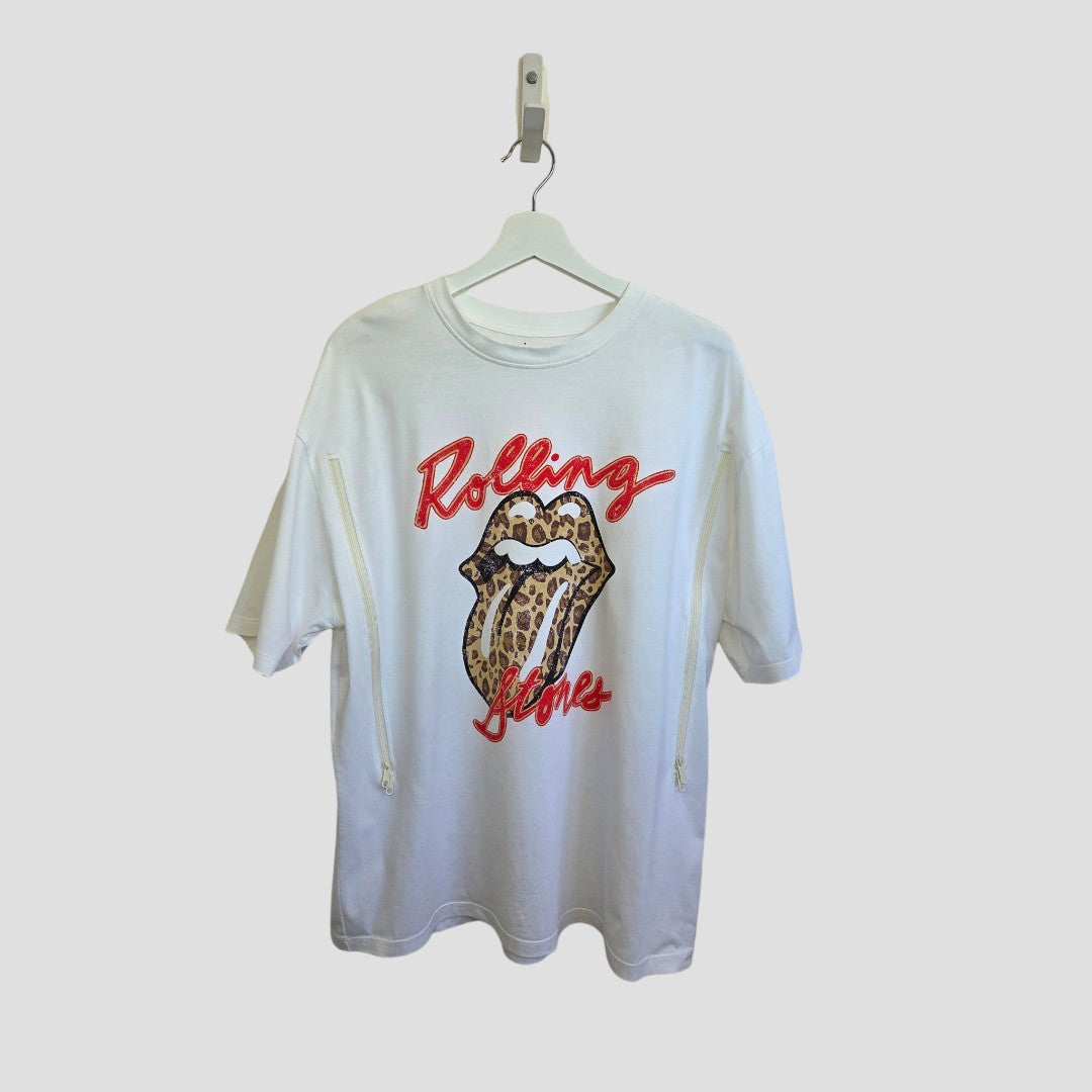 Tu Upcycled Breastfeeding & Pumping Cream Leopard Rolling Stones Band t-shirt (UK16) featuring the iconic tongue and lips logo with leopard print, "Rolling Stones" text, and crafted from 100% cotton.