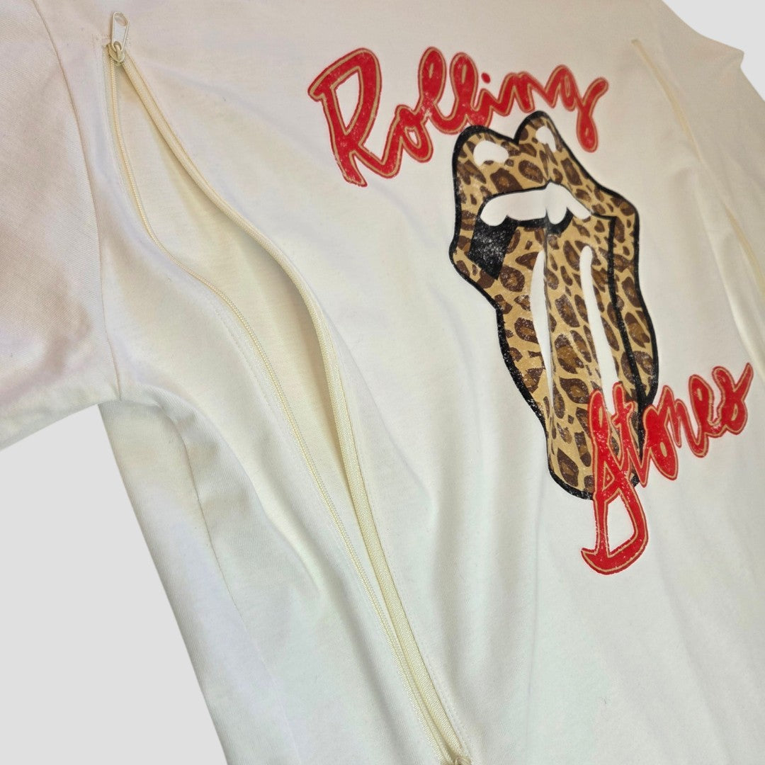 Tu’s Upcycled Breastfeeding & Pumping Cream Leopard Rolling Stones Band t-shirt (UK16) features 100% cotton, red logo, leopard-print lips and tongue graphic, and two side zippers for stylish nursing.