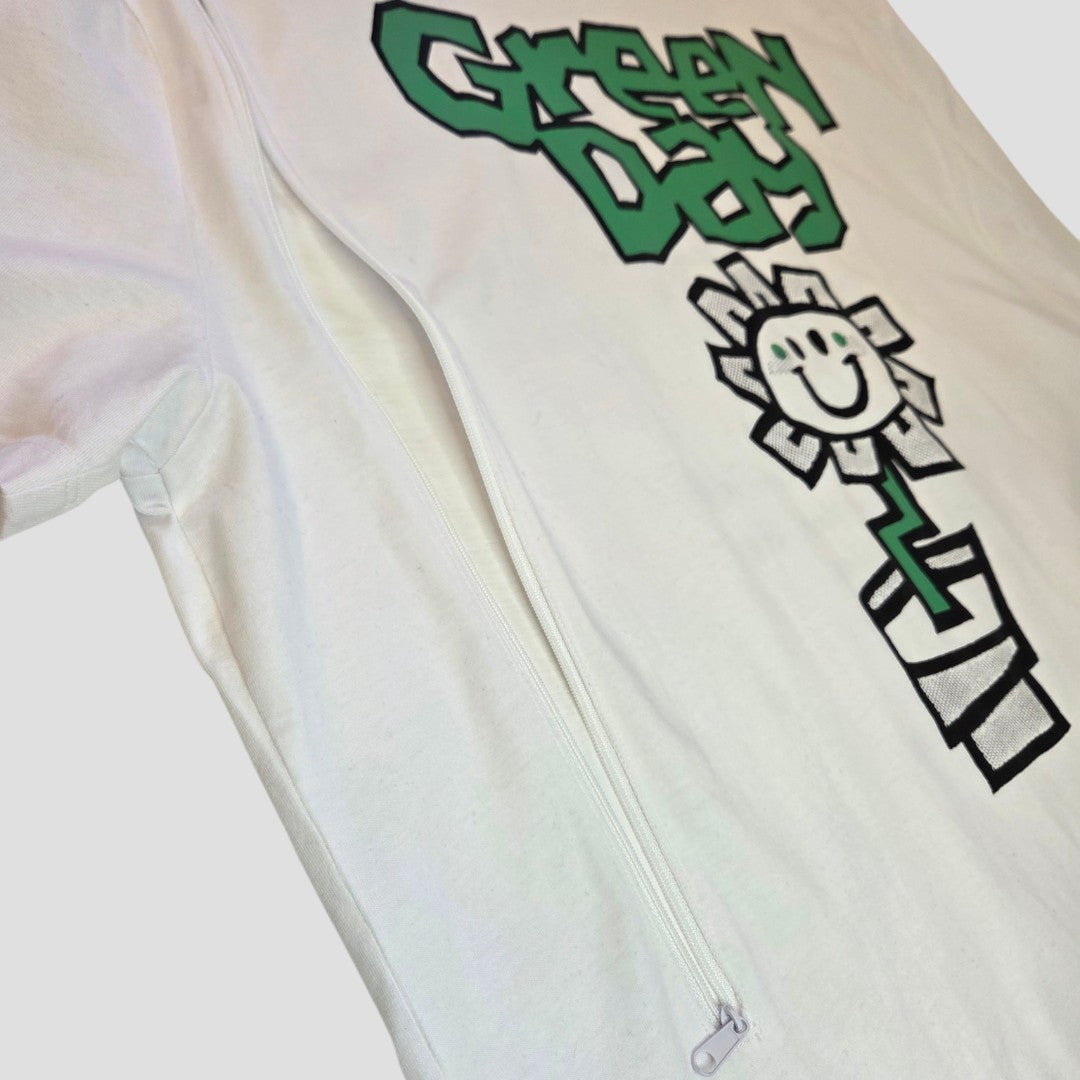 ASOS Upcycled Breastfeeding & Pumping White Green Day Band t-shirt XL (100493) features a green and black graphic with a stylized smiling flower and a diagonal front zipper, making it an eco-friendly, affordable nursing option.