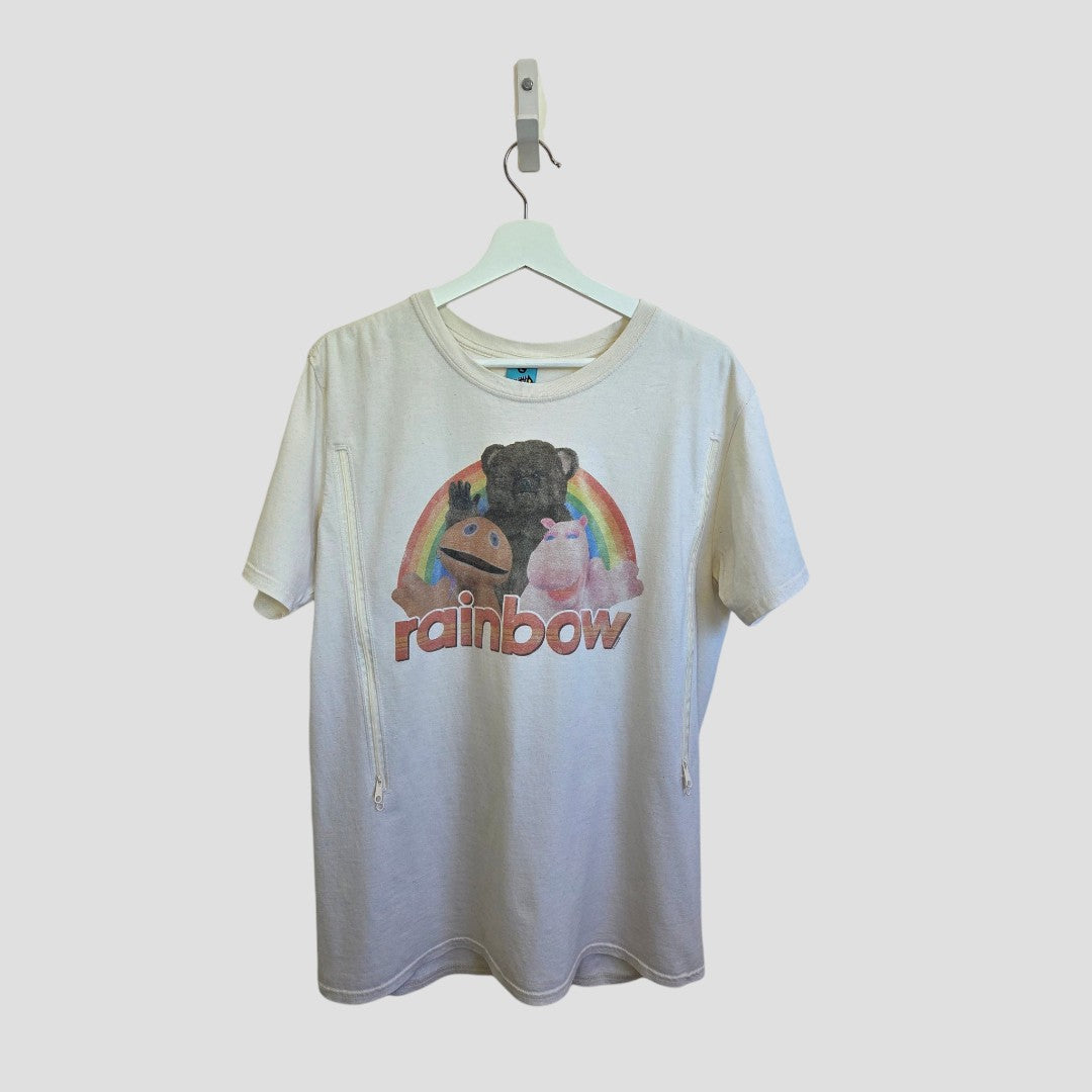 The Truffle Shuffle Upcycled Breastfeeding & Pumping Rainbow Kids TV t-shirt L features three plush animals, a rainbow, and "rainbow" in colorful letters—an affordable, stylish choice for comfortable nursing.