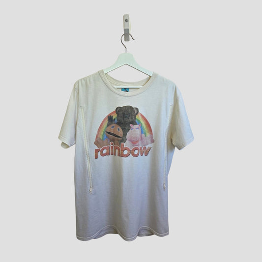 The Truffle Shuffle Upcycled Breastfeeding & Pumping Rainbow Kids TV t-shirt L features three plush animals, a rainbow, and "rainbow" in colorful letters—an affordable, stylish choice for comfortable nursing.