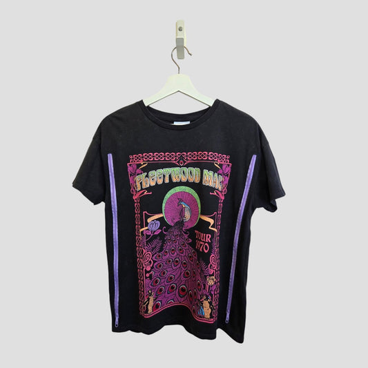 The George Upcycled Breastfeeding & Pumping Black Peacock Fleetwood Mac Band T-shirt UK10 (100511) features a vibrant peacock graphic with psychedelic details in purple, green, and pink, and "Fleetwood Mac Tour 70" text.