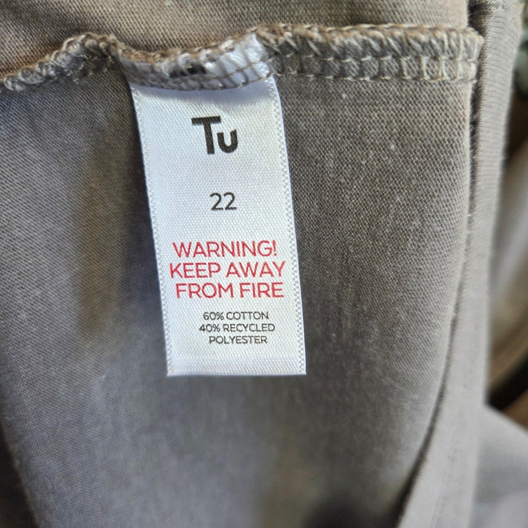 Clothing label on a grey leopard AC/DC Band t-shirt (UK22) by Tu shows size 22, fabric: 60% cotton and 40% recycled polyester, with a red "KEEP AWAY FROM FIRE" warning; suitable for breastfeeding & pumping.