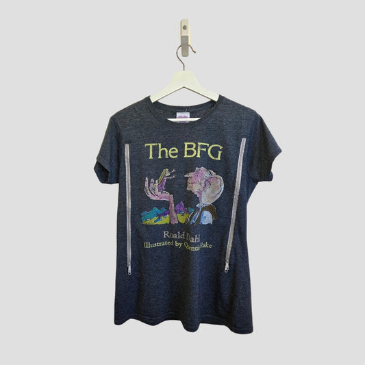 The Truffle Shuffle Upcycled Breastfeeding & Pumping The BFG T-shirt (L) features Roald Dahl’s beloved character, Quentin Blake’s illustration, and text on dark gray—a stylish nursing option for book-loving moms.