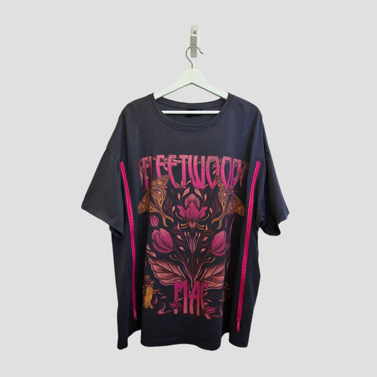 The Primark Upcycled Breastfeeding & Pumping Floral Fleetwood Mac Band T-shirt (XL, UK18/20) features vibrant red, orange, and pink florals—perfect affordable maternity wear for fans—shown on a white hanger against a gray background.