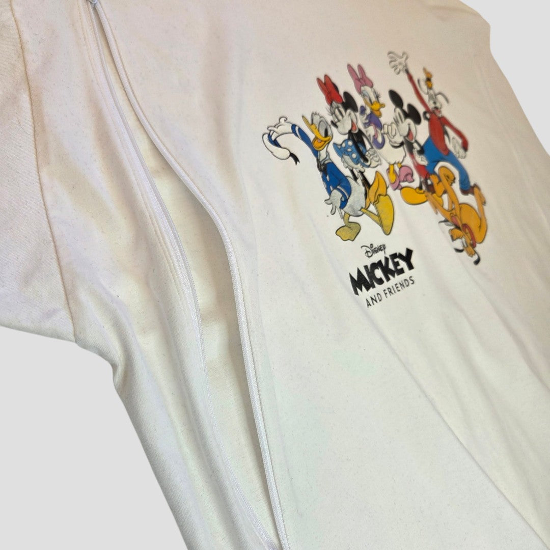 The Primark Upcycled Breastfeeding & Pumping Disney Mickey and Friends t-shirt XXL features a side zipper, colorful Disney characters above "Disney Mickey and Friends" text, making it perfect for nursing moms.