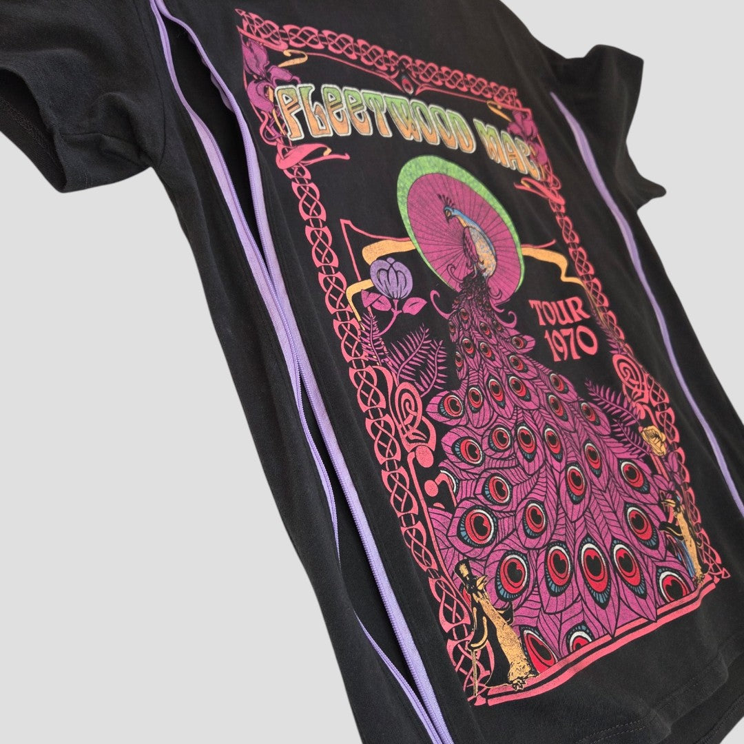 Upcycled George black t-shirt (UK10) for breastfeeding and pumping, featuring a vibrant Fleetwood Mac peacock 1970 tour graphic with ornate details—an affordable choice for music-loving moms.