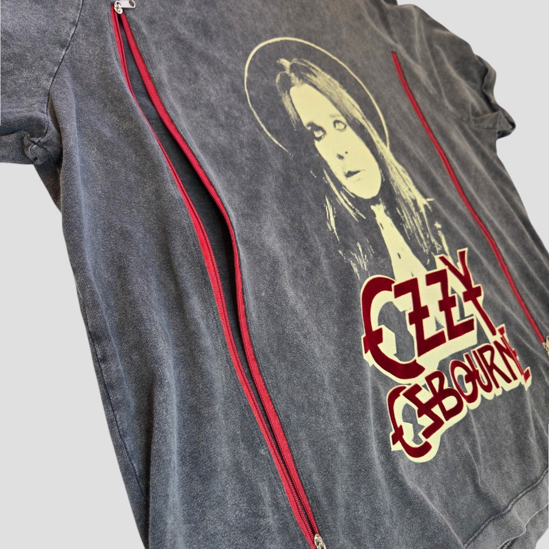 This upcycled Primark XL grey Ozzy Osbourne band T-shirt features vintage graphics, bold yellow and red text, and two red vertical side zippers for easy nursing or pumping—an affordable, stylish pick for breastfeeding moms.