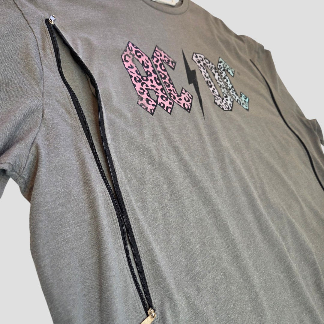 The Tu Upcycled Breastfeeding & Pumping Grey Leopard AC/DC Band t-shirt UK22 (100505) features leopard print AC/DC letters and diagonal zippers for easy, stylish nursing access.