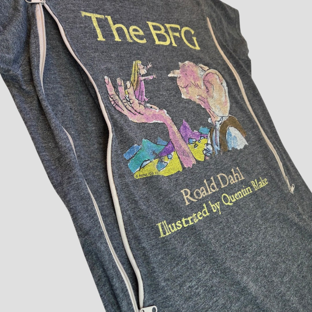 The Truffle Shuffle Upcycled Breastfeeding & Pumping The BFG t-shirt (L) features colorful Quentin Blake artwork of a large hand holding a girl—an affordable, book-themed nursing top for Roald Dahl fans.