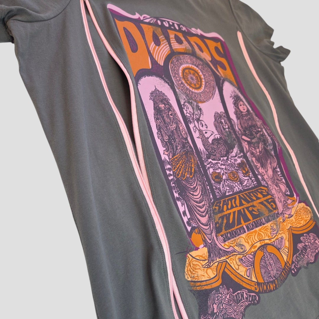 A close-up of George’s Upcycled Breastfeeding & Pumping Grey/Purple The Doors Band t-shirt UK18 (100472)—a stylish, unique, and affordable option for nursing wear with a vintage graphic design.