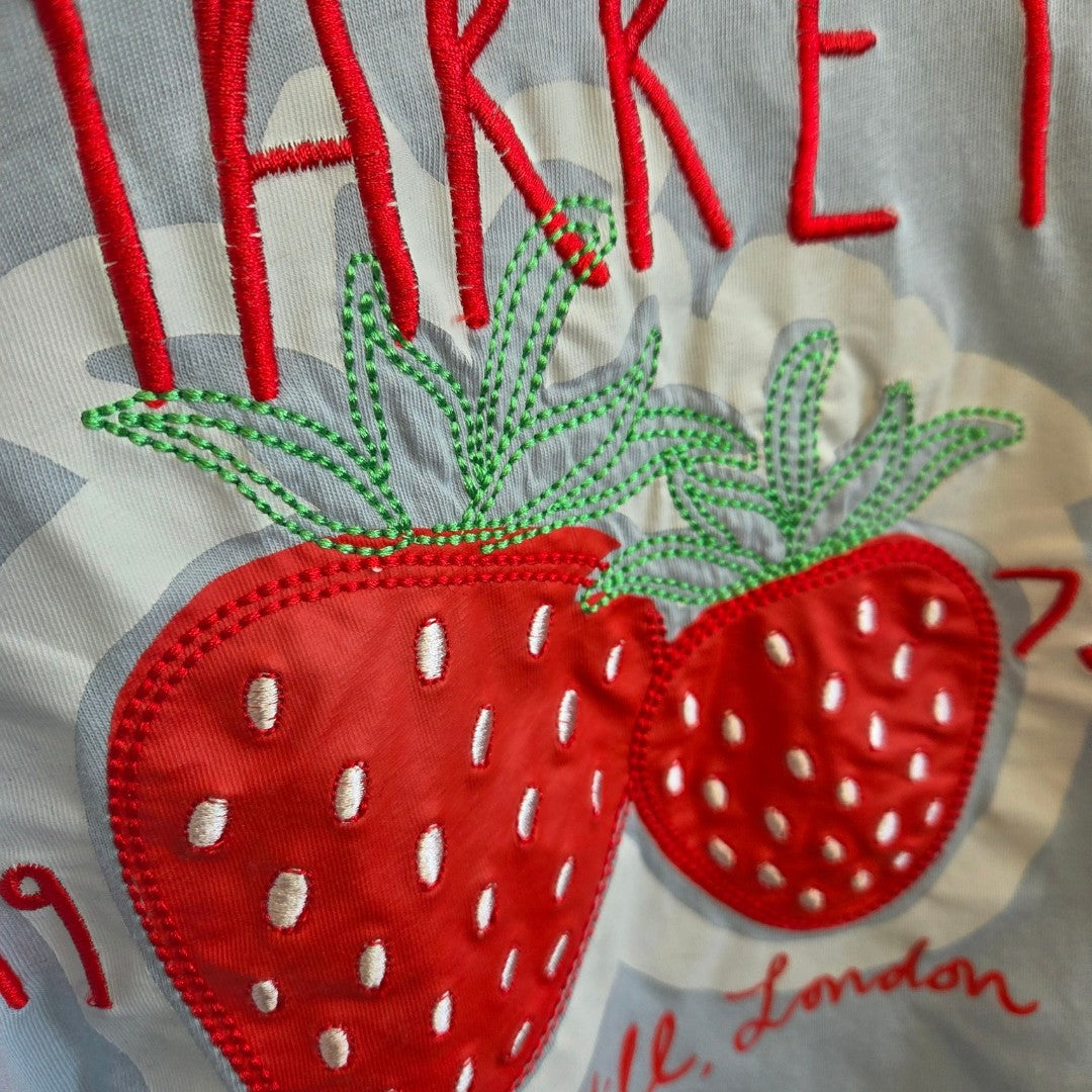 Close-up of red embroidered strawberries with green stems on fabric from the George Upcycled Breastfeeding & Pumping Blue Strawberry Market t-shirt UK16, featuring partially stitched “HARRET” above and decorative patterns in the background.