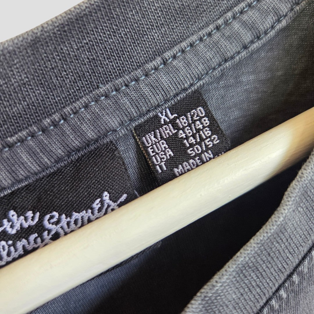 Close-up of an affordable Primark upcycled grey The Rolling Stones nursing & pumping t-shirt (XL, UK18/20) on a wooden hanger, showing size tags and origin details, including "Made in Turkey.